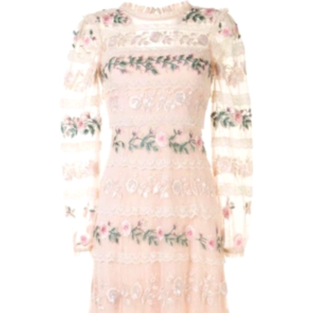 Needle & Thread x BHLDN Precious Rose 2 / XS Pink Embroidered Sequin Lace Formal - Picture 7 of 16